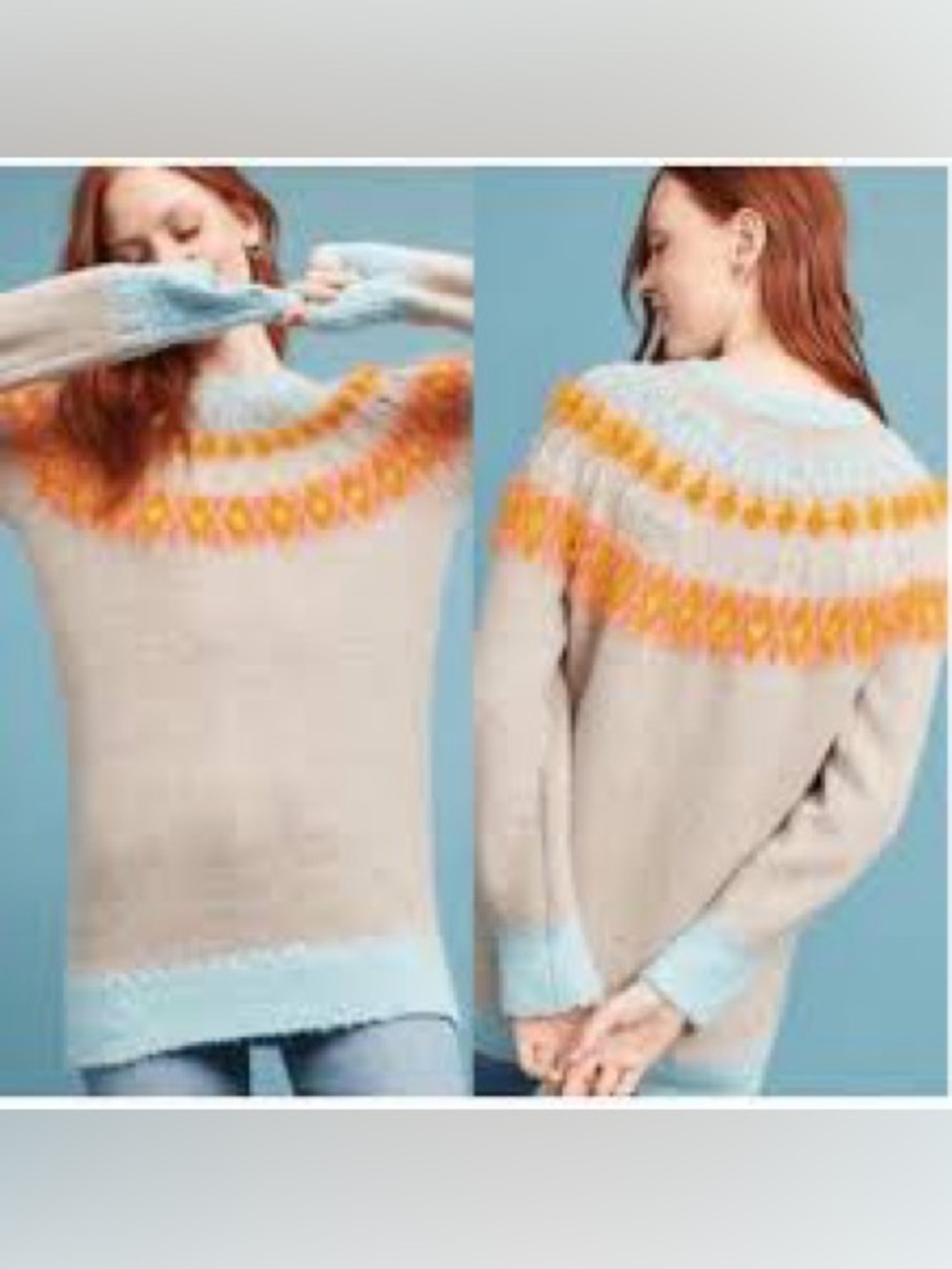 Anthropologie Cream Fair Isle Sweater with Orange and Light Blue Accents